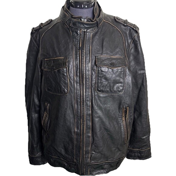 Black Rivet Cafe Racer Motorcycle Leather Jacket Mens XL Brown Distressed Finish - Picture 1 of 12
